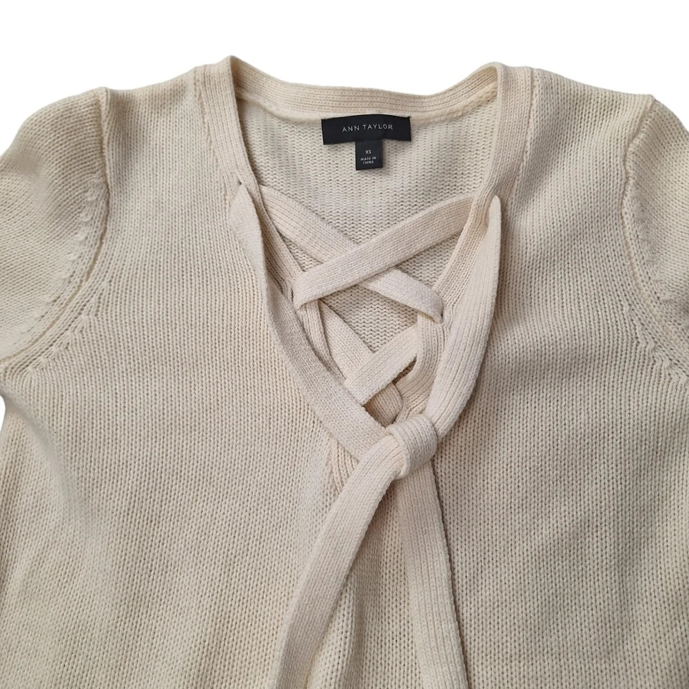 Ann Taylor XS Cream Wool‎ Cashmere Lace-Up  Criss-Cross Tie Long-Sleeve Sweater - Picture 3 of 10